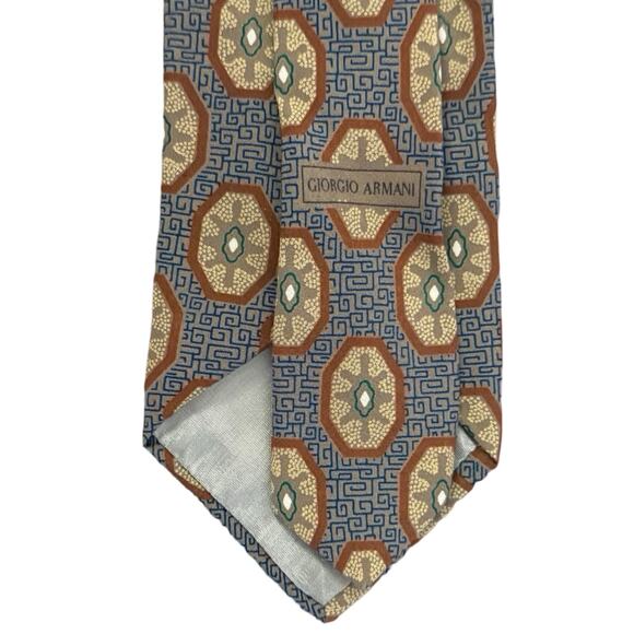 Vintage 90s Giorgio Armani Tan Blue Lines Yellow Red Oval Silk Blend Necktie Tie - Picture 7 of 7